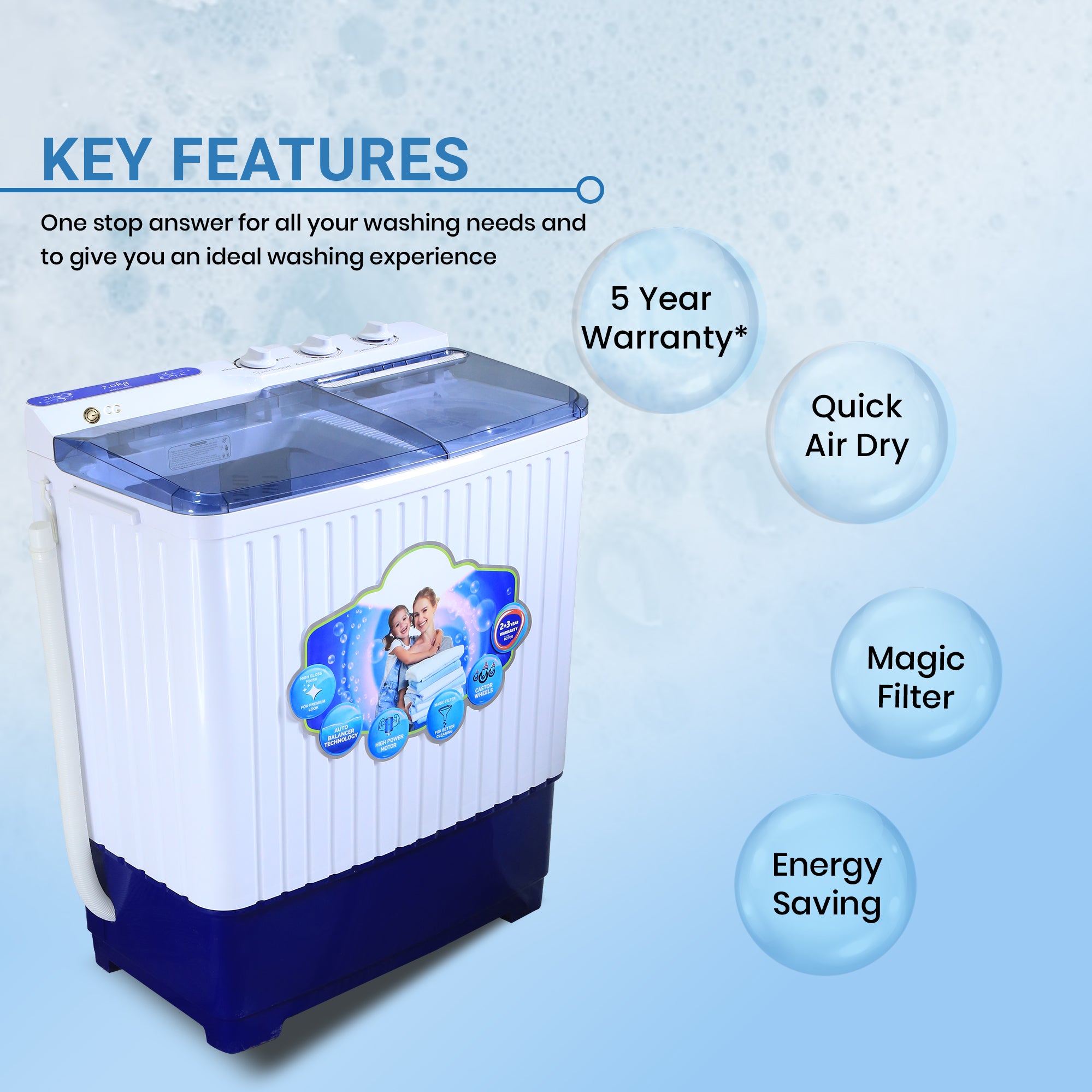 Cine Gold 7 Kg 5 Star Quick Air Dry Semi-Automatic Top Loading Washing Machine: Blue Transparent Top with Rat Away Feature