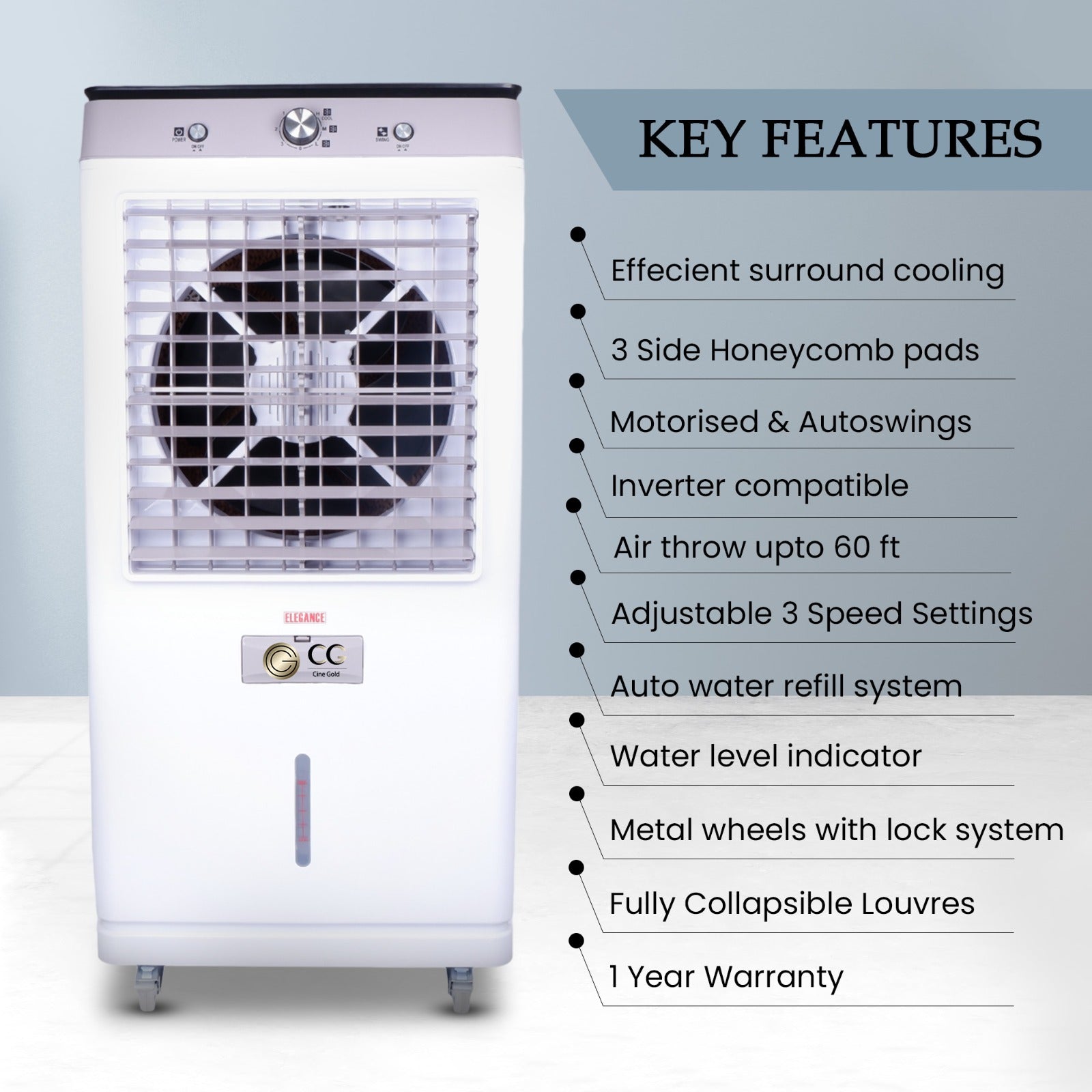 Cine Gold Elegance 90 LTRS  Heavy Duty Tower Air Cooler For Home/Office With Honeycomb Cooling & Auto Swing Technology, Powerful Air Throw & 3-Speed Control With Ice Toughened Glass Top Chamber Nude