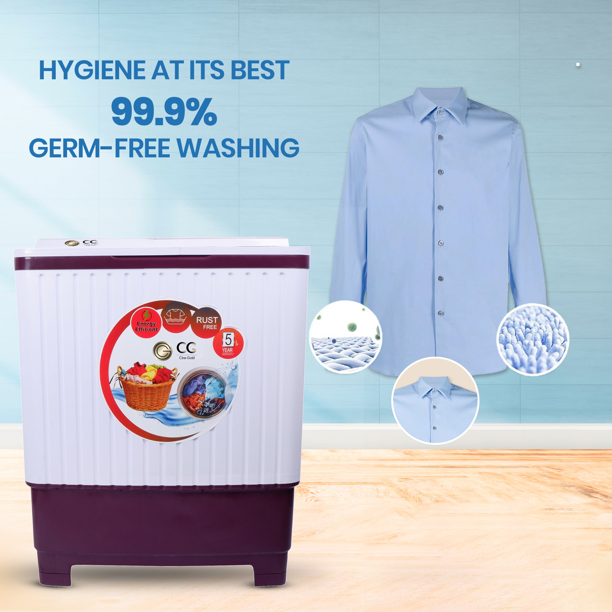 Cine Gold 7.5 Kg 5 Star Quick Air Dry Semi-Automatic Top Loading Washing Machine Blue Flower Toughened Glass Top with Rat Away Feature