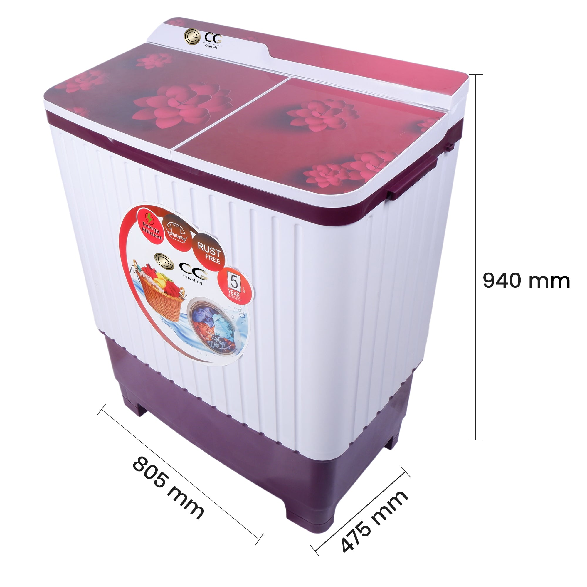 Cine Gold 7.5 Kg 5 Star Quick Air Dry Semi-Automatic Top Loading Washing Machine Blue Flower Toughened Glass Top with Rat Away Feature