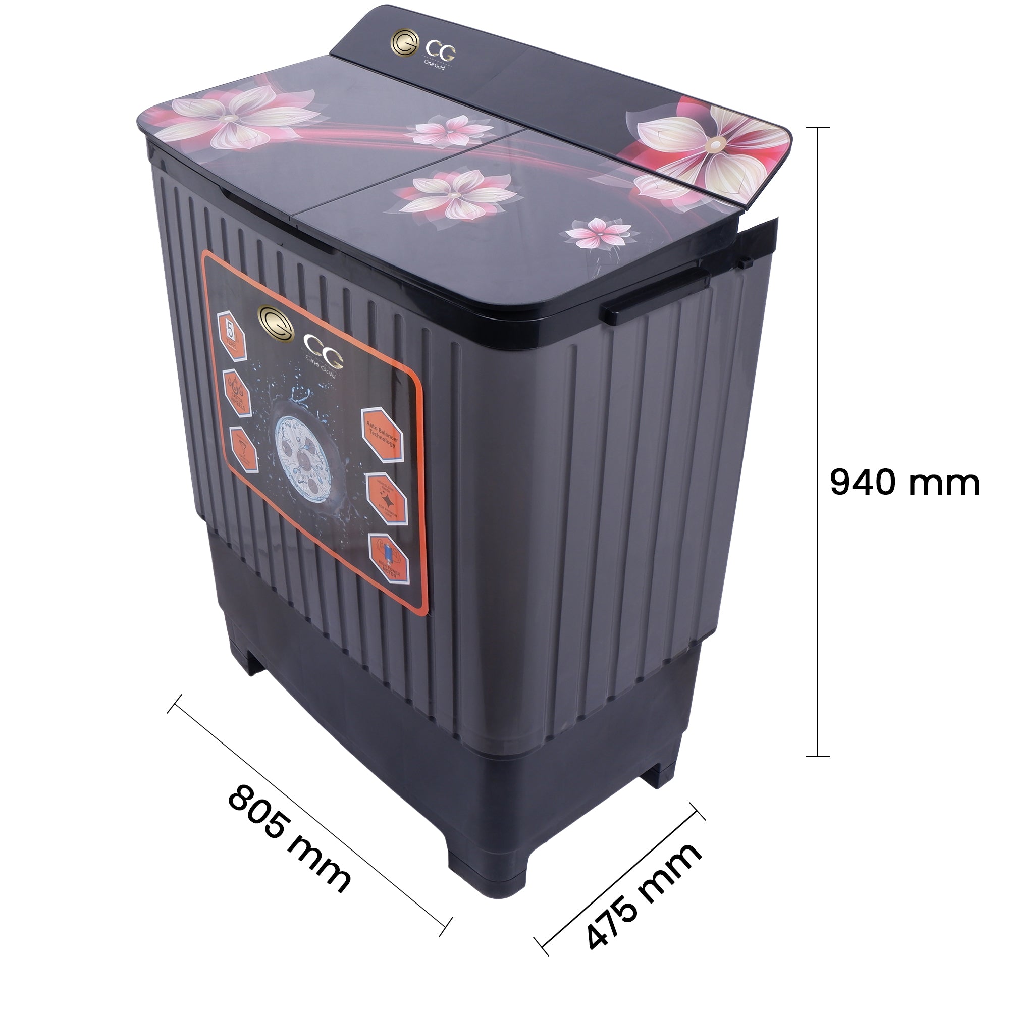 Cine Gold 8 Kg 5 Star Quick Air Dry Semi-Automatic Top Loading Washing Machine Grey Multicolor Flower Toughened Glass Top with Rat Away Feature