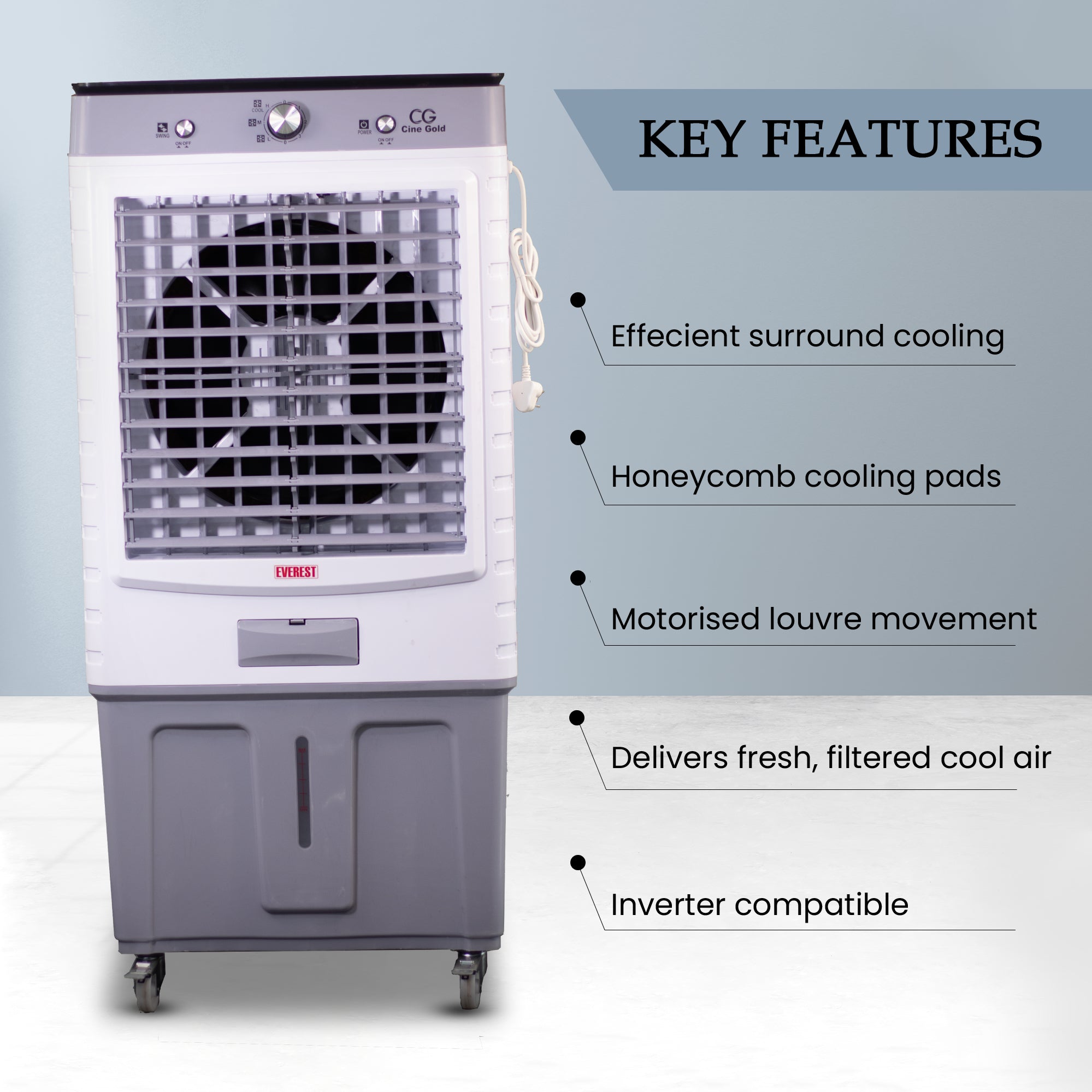 Cine Gold Everest 90 LTRS  Heavy Duty Tower Air Cooler For Home/Office With Honeycomb Cooling & Auto Swing Technology, Powerful Air Throw & 3-Speed Control With Ice Toughened Glass Top Chamber White & Light Grey