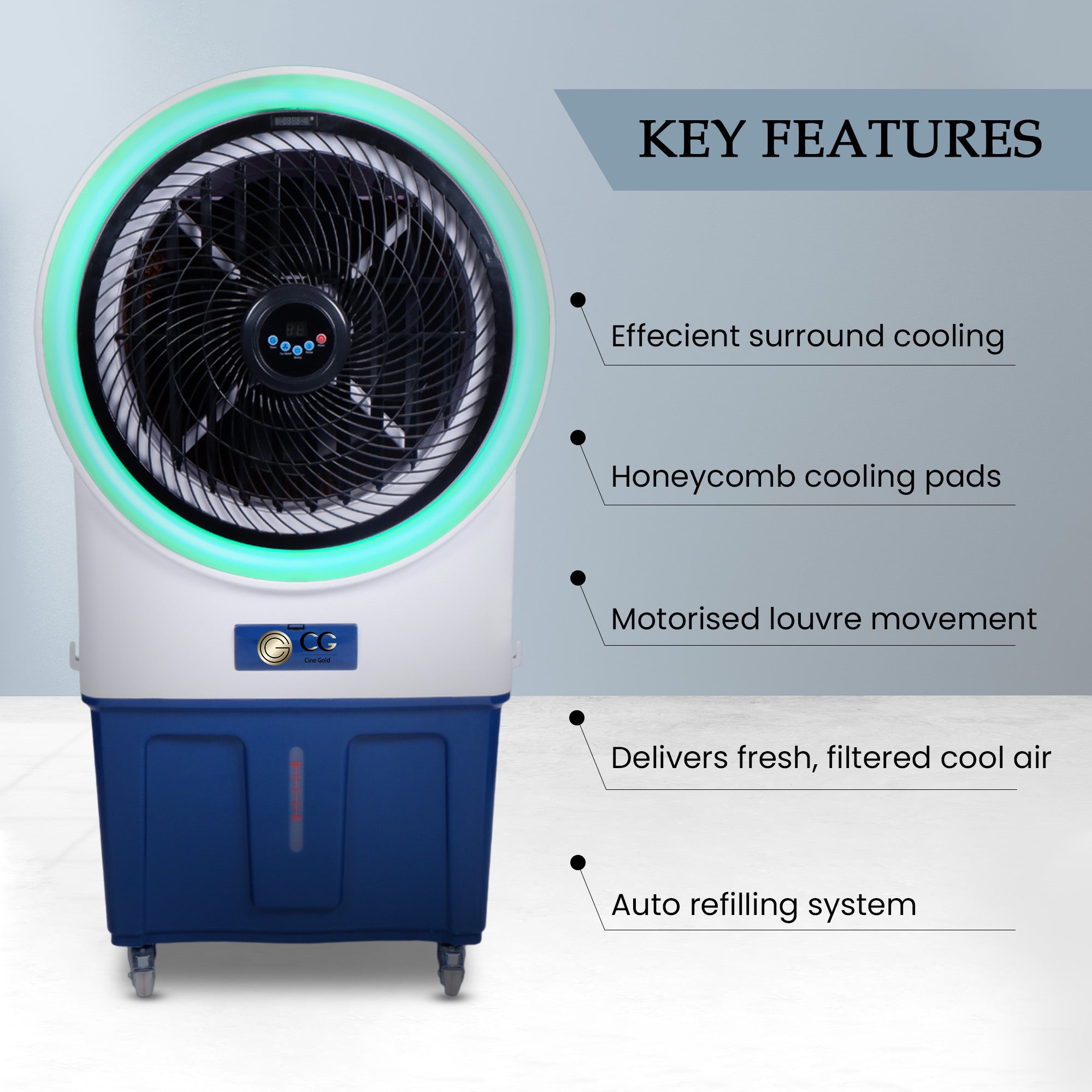 Cine Gold Oreo Ambient Light 80 LTRS  Heavy Duty Tower Air Cooler For Home/Office With Honeycomb Cooling & Auto Swing Technology, Powerful Air Throw & 3-Speed Control With Ice Top Chamber White & Navy Blue
