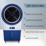 Cine Gold Oreo 80 LTRS  Heavy Duty Tower Air Cooler For Home/Office With Honeycomb Cooling & Auto Swing Technology, Powerful Air Throw & 3-Speed Control With Ice top chamber White & Navy Blue