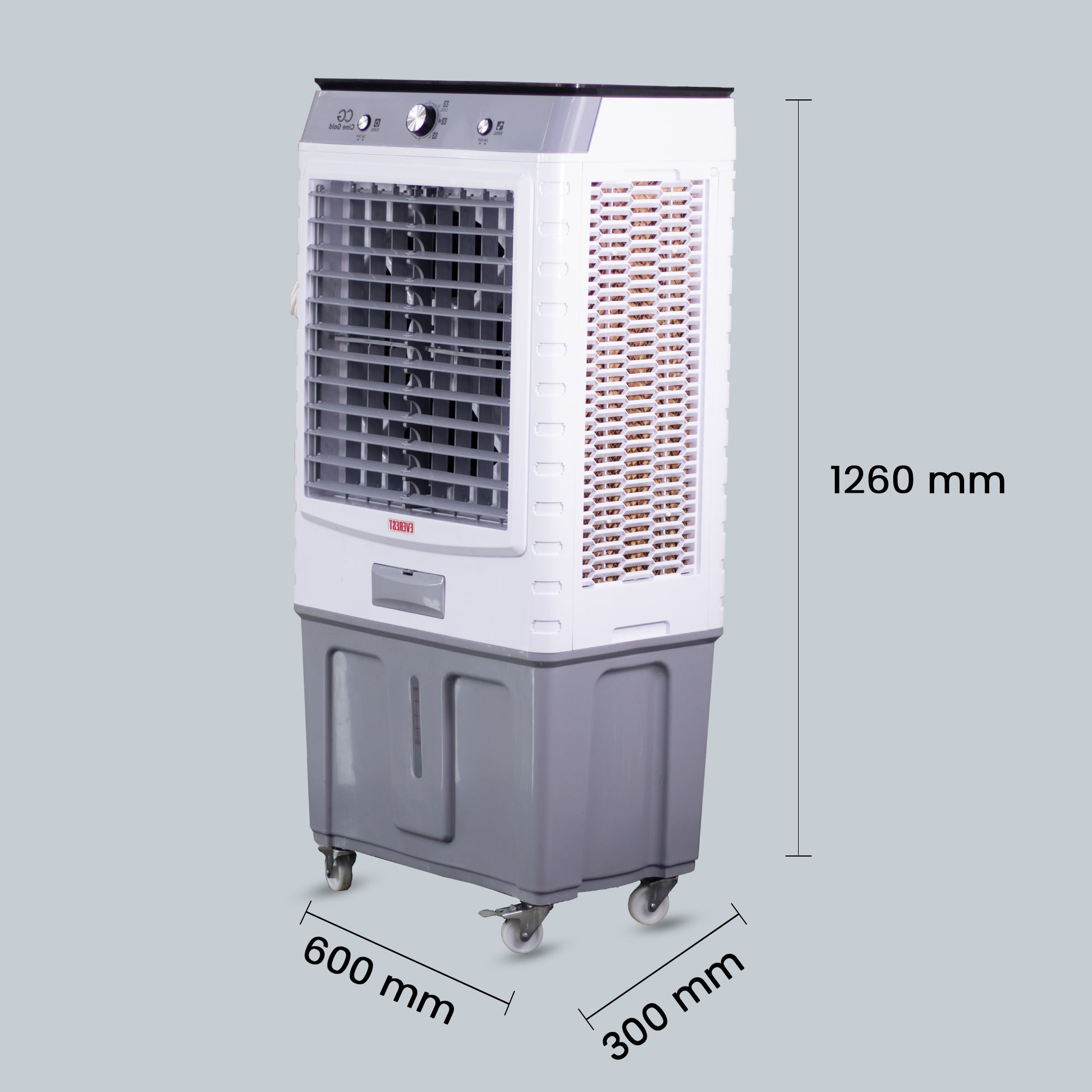 Cine Gold Everest 90 LTRS  Heavy Duty Tower Air Cooler For Home/Office With Honeycomb Cooling & Auto Swing Technology, Powerful Air Throw & 3-Speed Control With Ice Toughened Glass Top Chamber White & Light Grey