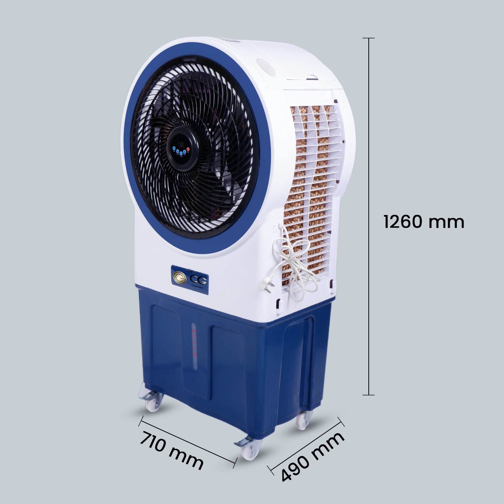 Cine Gold Oreo 80 LTRS  Heavy Duty Tower Air Cooler For Home/Office With Honeycomb Cooling & Auto Swing Technology, Powerful Air Throw & 3-Speed Control With Ice top chamber White & Navy Blue