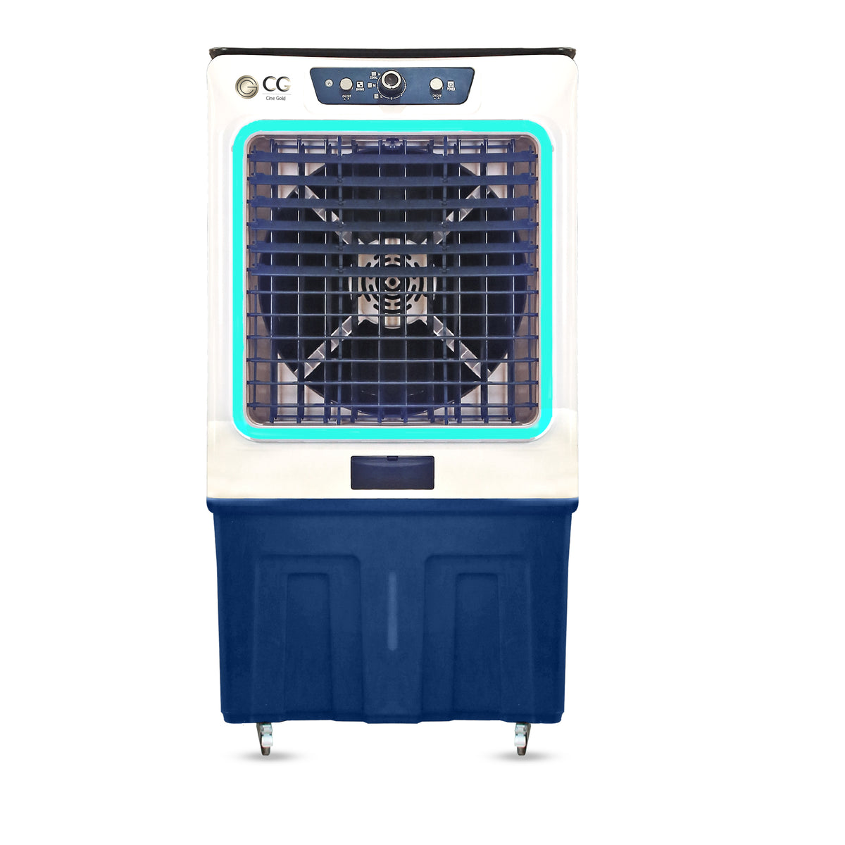 Cine Gold Typhoon Ambient Light 150 LTR Heavy Duty Desert Air Cooler For Home/Office With Honeycomb Cooling & Auto Swing Technology, Powerful Air Throw & 3-Speed Control With Ice Toughened Glass Top Chamber White & Navy Blue